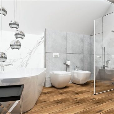 Projekt łazienki glamour beton calacatta drewno