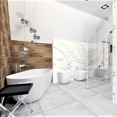 Projekt łazienki glamour beton calacatta drewno
