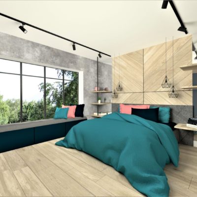 Projekt sypialni w apartamencie, wykonany przez architekta wnętrz wkwadrat